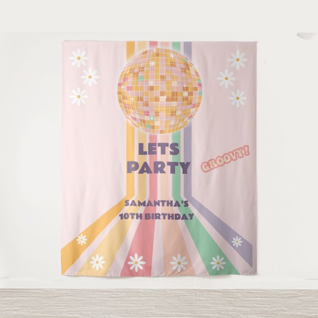 Tapiz Groovy Retro Daisy Disco Backups de cumpleaños (Anverso)