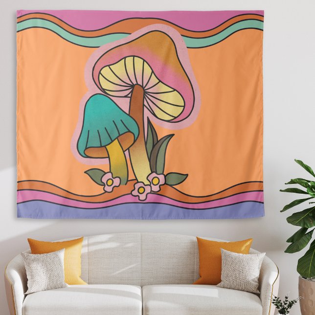 Tapiz Groovy Setas Psicodélicas Años 60 Hippie Retro (groovy retro mushroom tapestry, orange 60s hippie psychedelic wall hanging college dorm room decor)