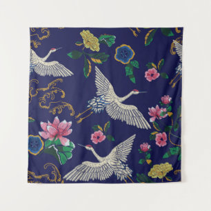 Tapiz Grúas y flores bordadas, sin costura vintage p