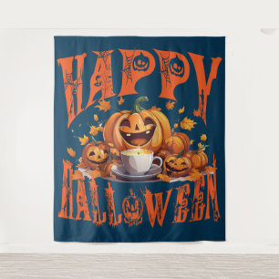 Tapiz Grupo Feliz de Jack-O-Lanterns en Halloween Feliz