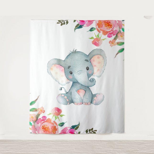Tapiz Guardería de elefante floral rosa (Anverso)