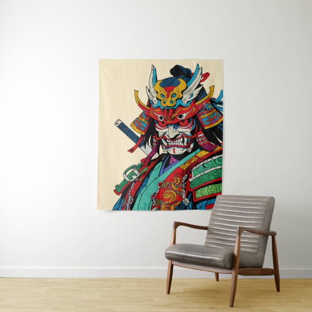 Tapiz Guerrero Samurái Feroz – Colorido Bushido Japonés (In situ)