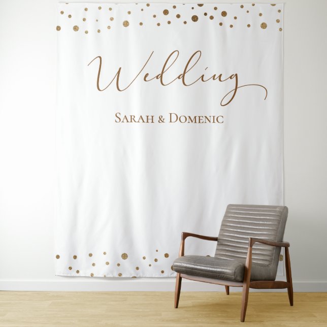Tapiz Guión de boda con confeti dorado simple personaliz (In situ)