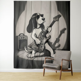 Tapiz Guitarrista Basset Hound Estrella de Rock Retro Mo