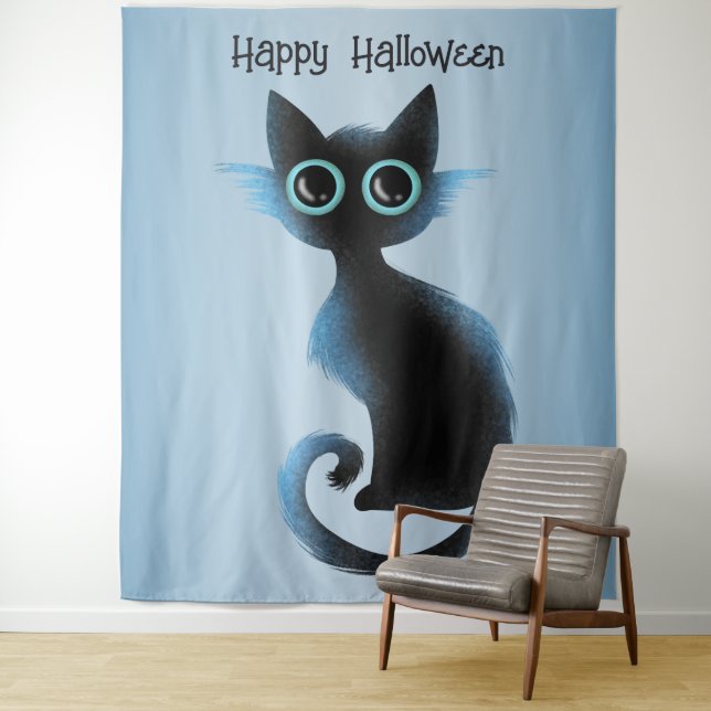 Tapiz Halloween Big Eyes Black Blue Evil Cat (In situ)