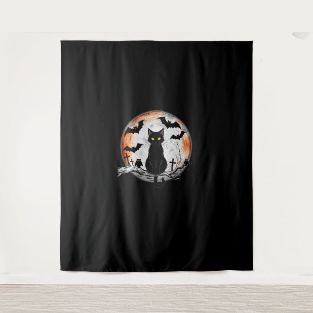 Tapiz Halloween Black Cat Pumpkin Bat Moon Cemetery Scar (Anverso)