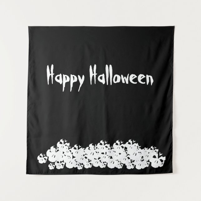 Tapiz Halloween calaveras blancas negras apilan texto pe (Anverso)