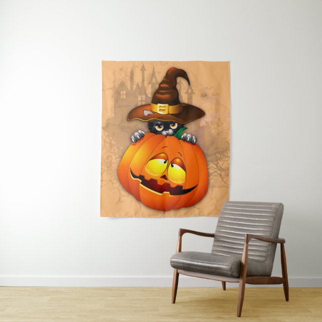 Tapiz Halloween Curte Kitty Witch and Pumpkin Friend (In situ)
