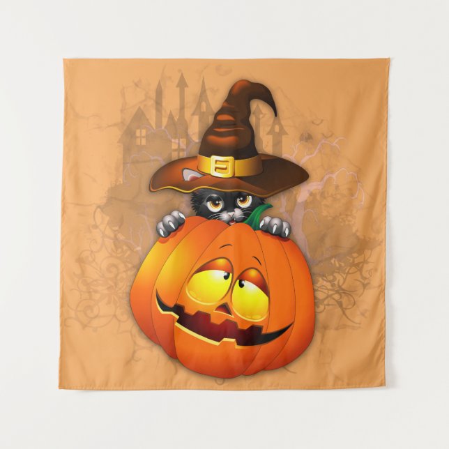Tapiz Halloween Cute Kitty Witch and Pumpkin Friend   (Anverso)