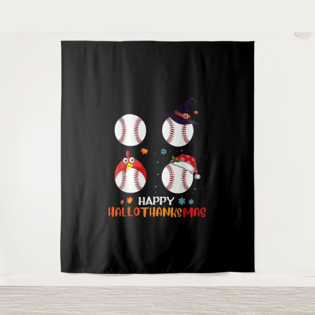 Tapiz Halloween De Béisbol Y Feliz Navidad (Anverso)