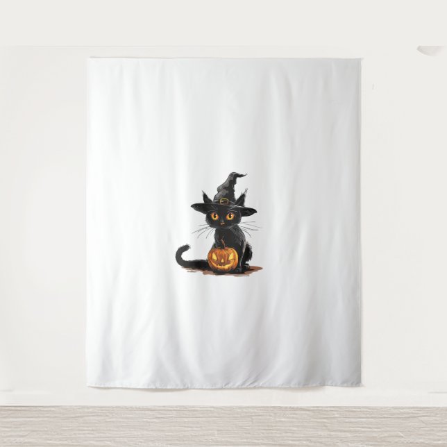 Tapiz Halloween de calabaza de gato (Anverso)