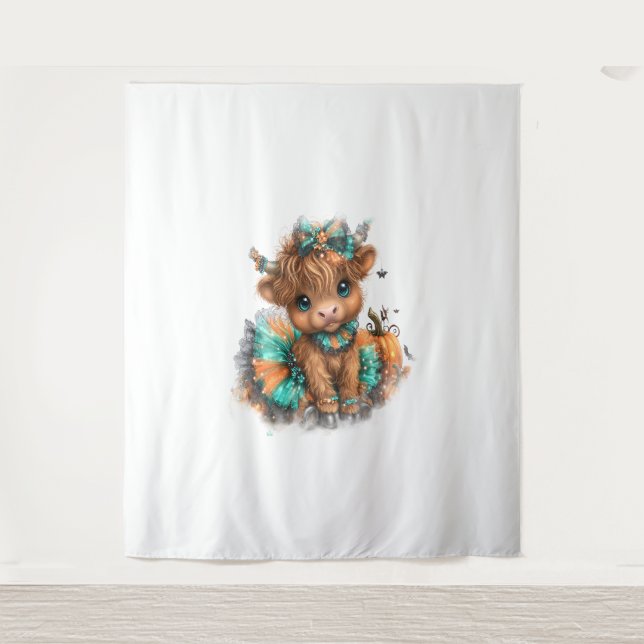 Tapiz Halloween de la granja Highland Cow (Anverso)