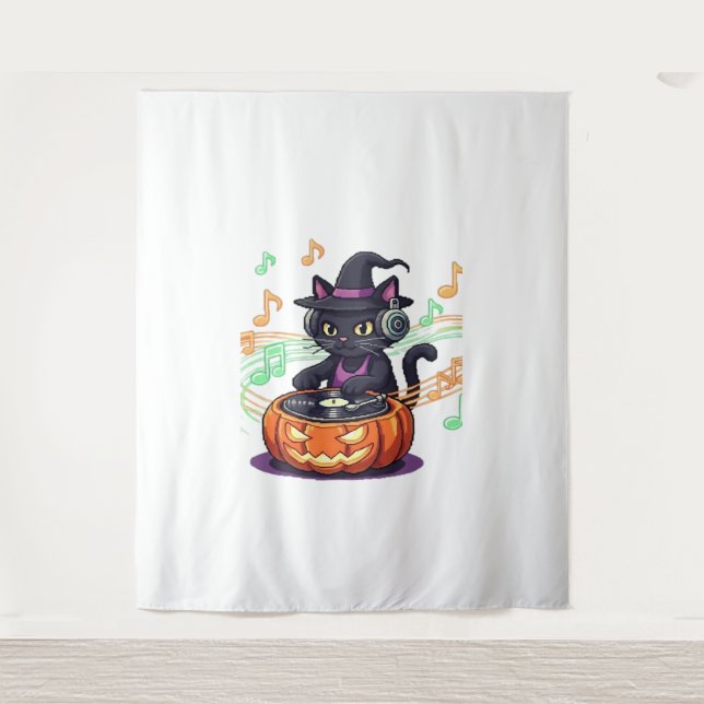 Tapiz Halloween del gato Dj camiseta sobredimensionada (Anverso)