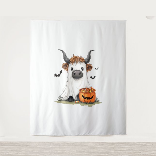 Tapiz Halloween Ghost Highland Cow PNG (Anverso)