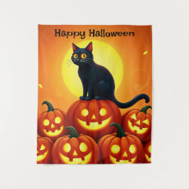Tapiz Halloween lindo gato negro y linternas de Jack