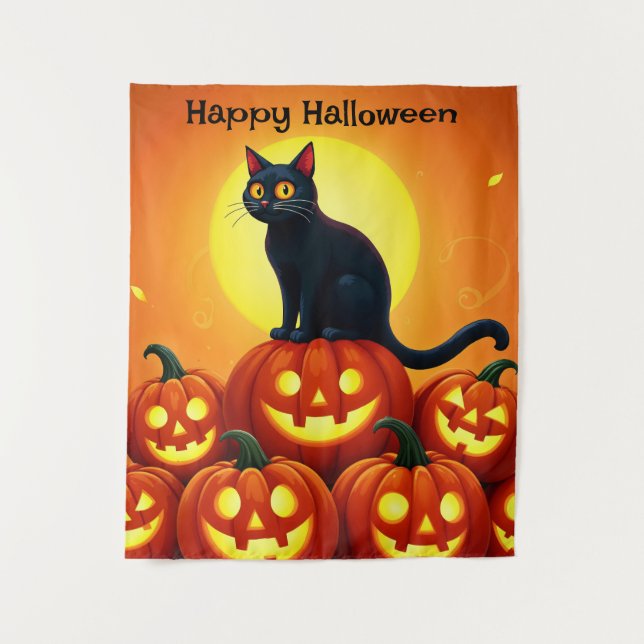 Tapiz Halloween lindo gato negro y linternas de Jack (Anverso)