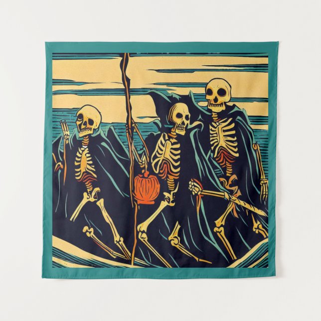 Tapiz Halloween - Skeletons Woodcut 3 (Anverso)