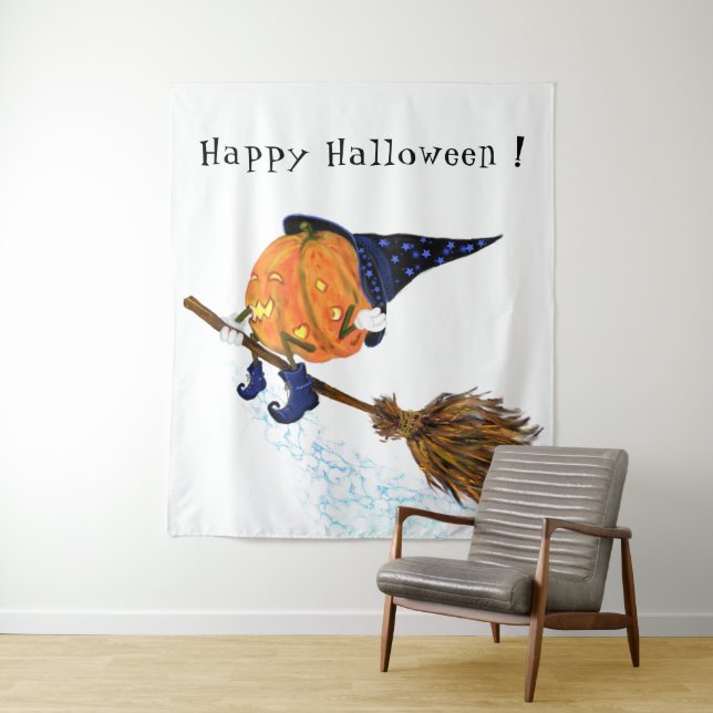 Tapiz Halloween Tapestry Witch Pumpkin Flying Broom (In situ)