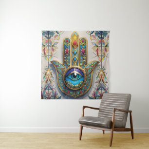 Tapiz Hamsa de tercer ojo azul-verde con filigrana color