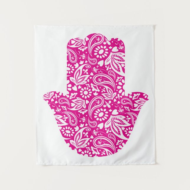Tapiz Hamsa Hand Boho Pink White (Anverso)