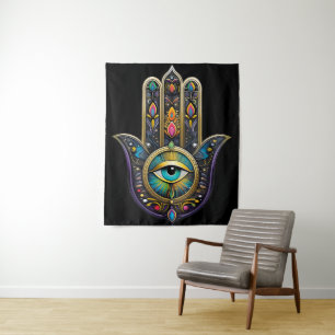 Tapiz Hamsa negro colorido con tercer ojo de turquesa