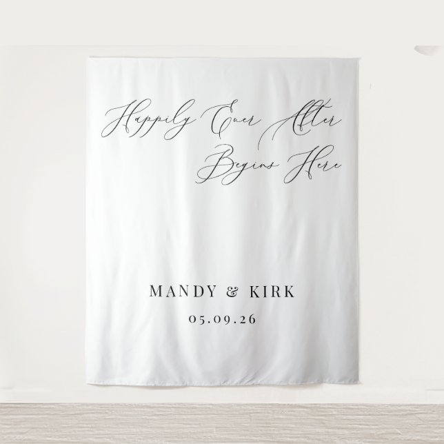 Tapiz Happily Ever After Begins Here Wedding Backdrop  (Anverso)