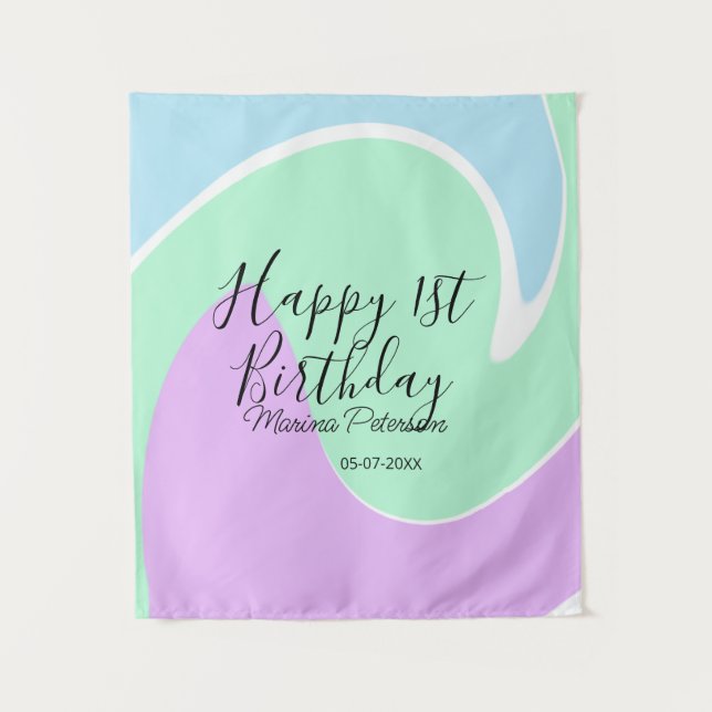 Tapiz Happy 1st birthday pink green blue acrylic pour  (Anverso)