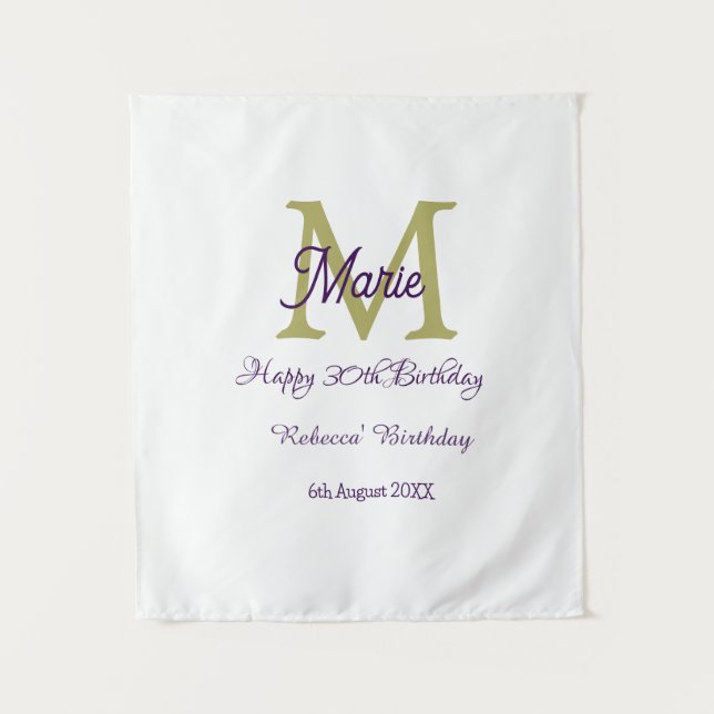 Tapiz Happy 30th Birthday goldenadd name monogram modern (Anverso)