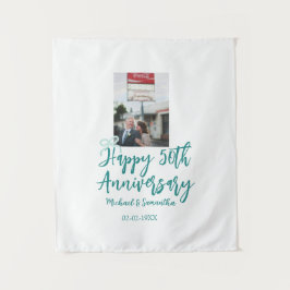 Tapiz Happy 50th anniversary photo turquoise bow name da