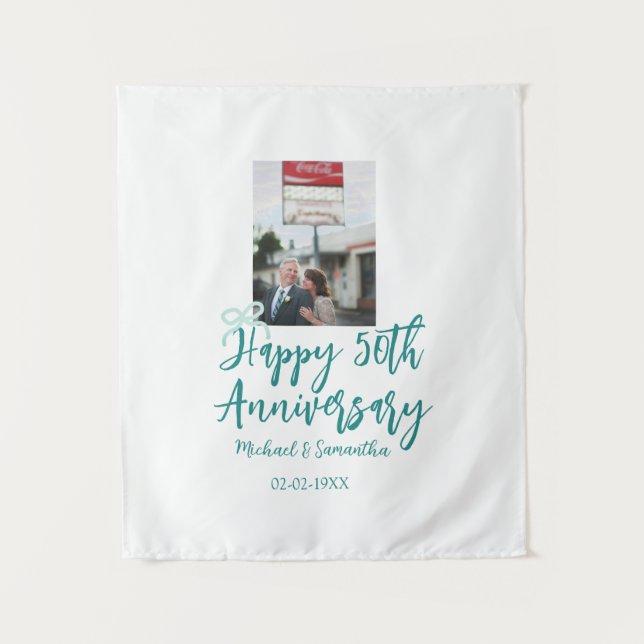Tapiz Happy 50th anniversary photo turquoise bow name da (Anverso)