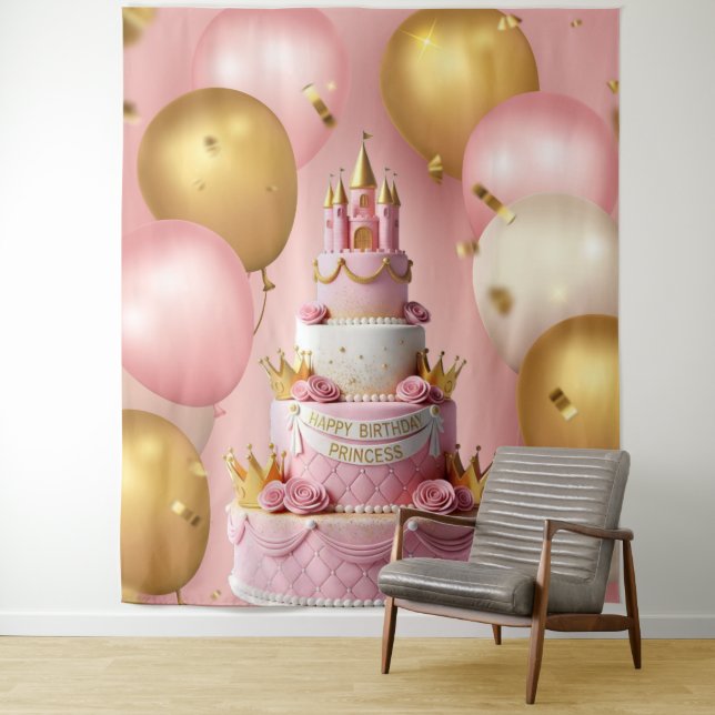 Tapiz Happy Birthday Cake Princess Castle Banner (In situ)