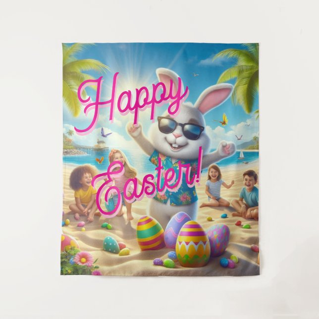Tapiz Happy Easter Easter Bunny on Beach Tapestry (Anverso)