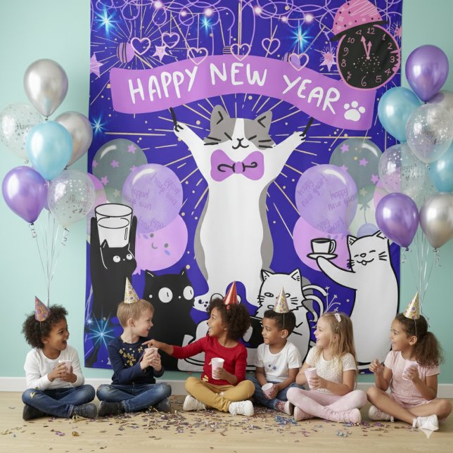 Tapiz Happy New Year Cat Party Blue & Purple Backdrop (Subido por el creador)