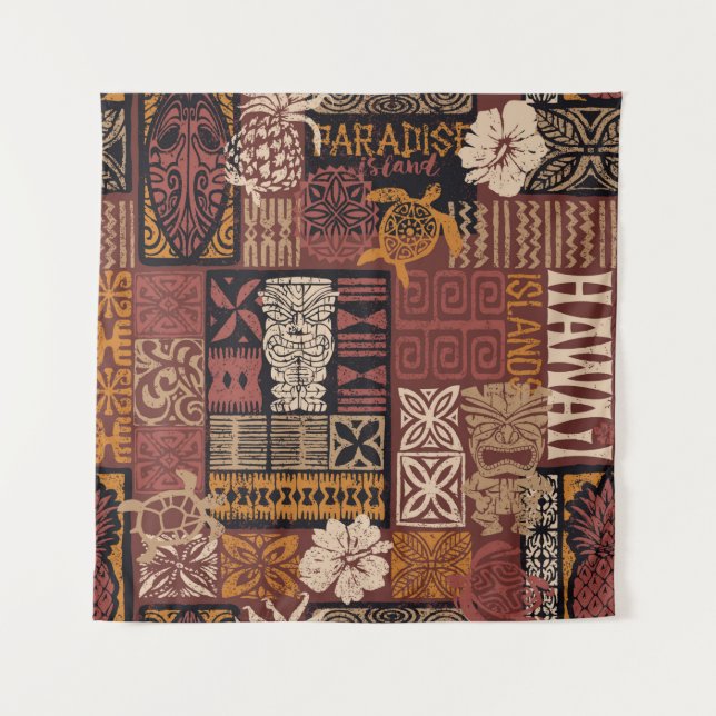 Tapiz Hawaiian style tribal motif fabric patchwork abstr (Anverso)