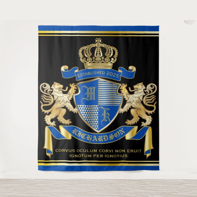 Tapiz Haz tu propio escudo de armas azul de león de oro (Anverso)