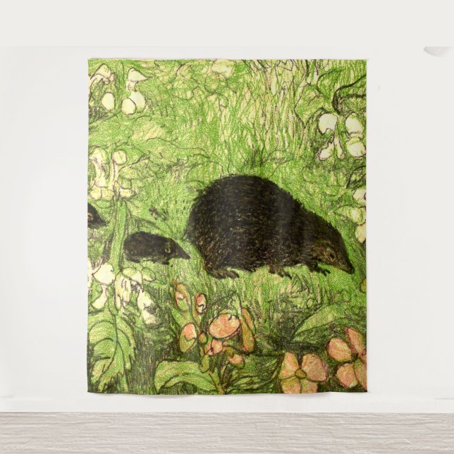 Tapiz Hedgehog y bebés de estilo Art Nouveau de los País (Anverso)