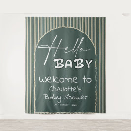 Tapiz Hello Baby Dark Green Stripes Baby Shower Backdrop
