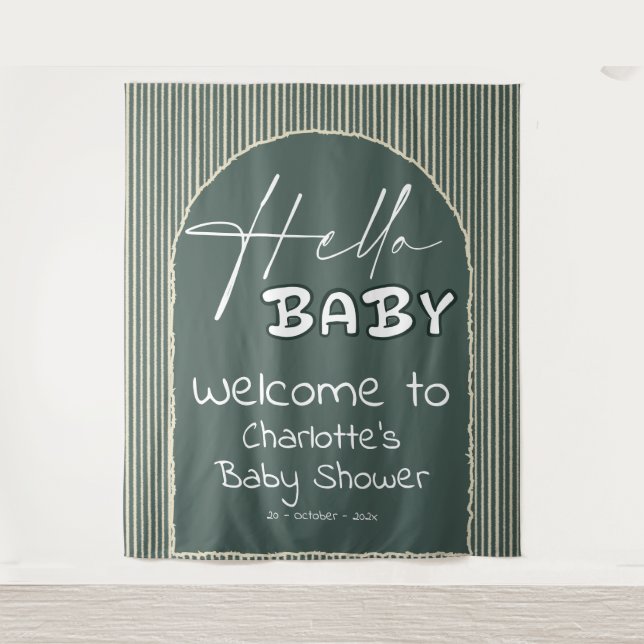 Tapiz Hello Baby Dark Green Stripes Baby Shower Backdrop (Anverso)