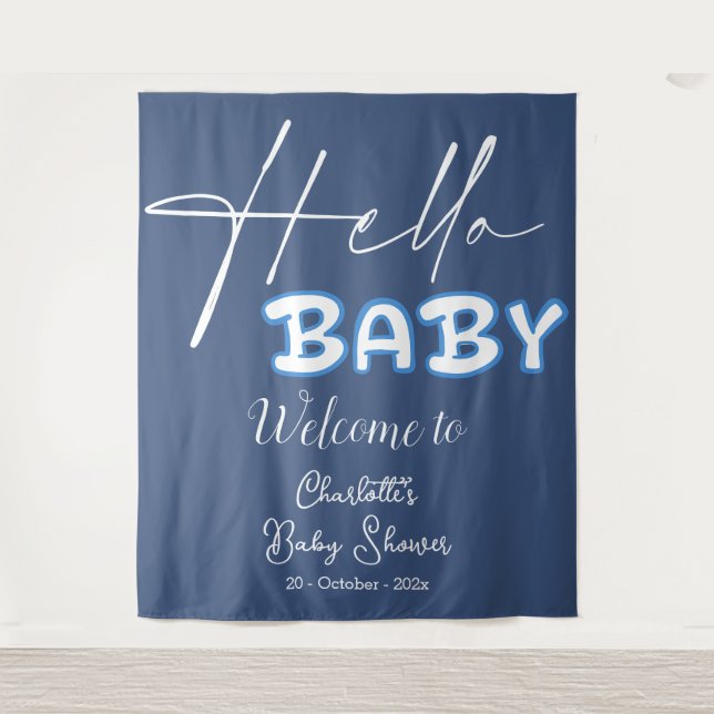 Tapiz Hello Baby Elegant Dark Blue Baby Shower Backdrop (Anverso)