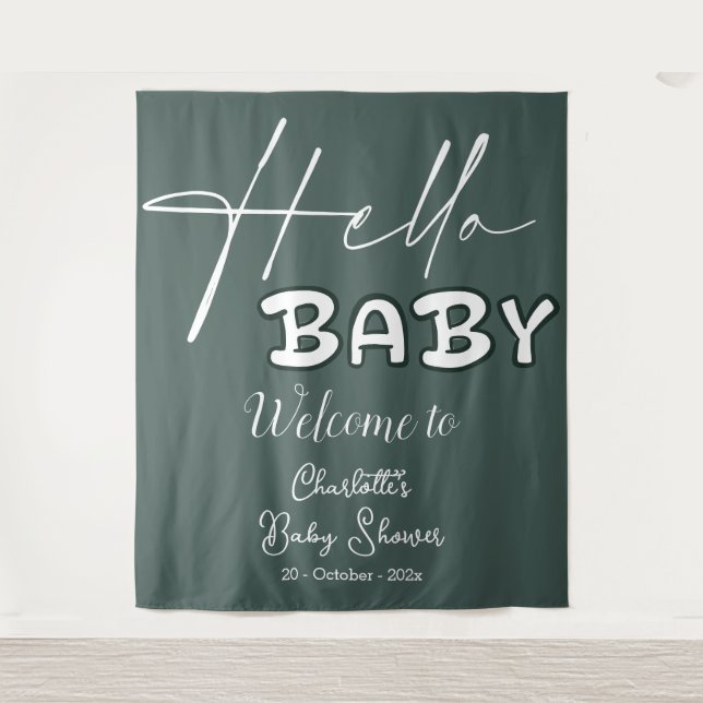 Tapiz Hello Baby Elegant Dark Green Baby Shower Backdrop (Anverso)
