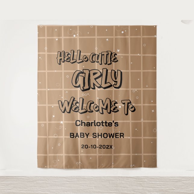 Tapiz Hello Cutie Girly Cute Brown Gingham Baby Backdrop (Anverso)