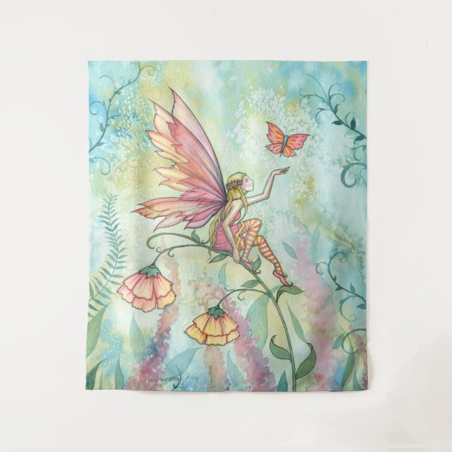 Tapiz Hermosa Hada con Arte de Acuarela de Mariposa (Anverso)
