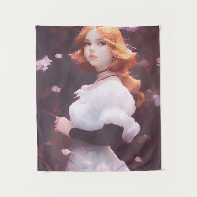 Tapiz Hermosa joven Chica entre retrato de flores rosas (Anverso)