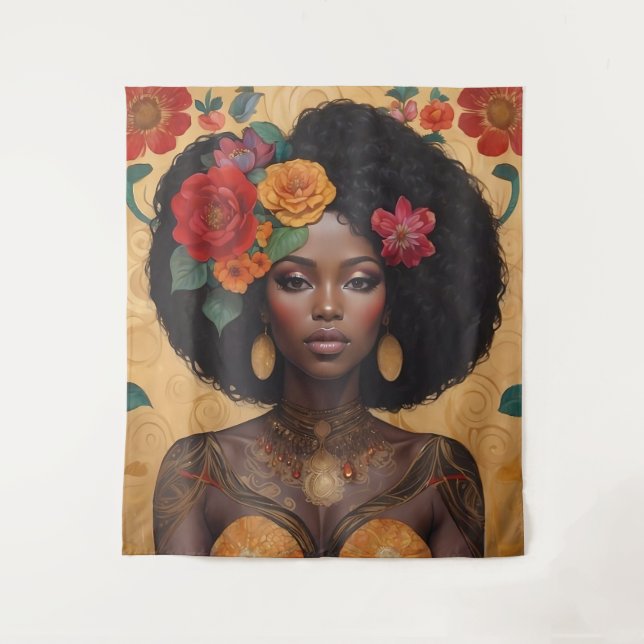 Tapiz Hermosa mujer afroamericana con flores (Anverso)