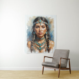 Tapiz Hermosa Mujer Boho Nativo Estadounidense Con Joyas
