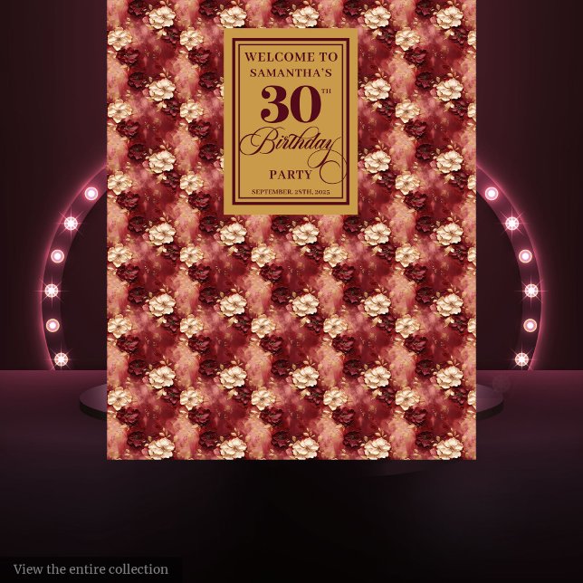 Tapiz Hermosa pancarta Rubor Burgundy Gold de 30 años (Beautiful Blush Burgundy Gold 30th Birthday Backdrop)