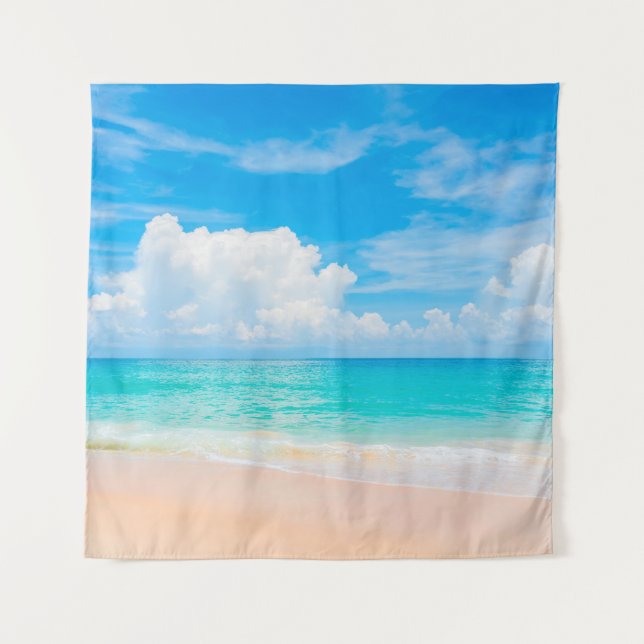 Tapiz Hermosa playa tropical con cielo azul y c blanco (Anverso)