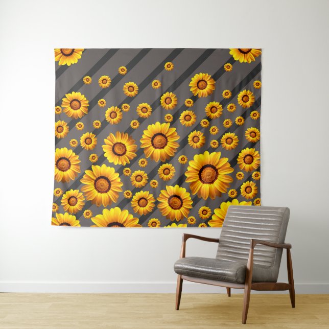 Tapiz Hermosas flores amarillas sobre rayas grises y neg (In situ (horizontal))