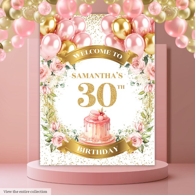 Tapiz Hermoso Banner de Celebración de 30 Cumpleaños en  (Lovely 30th Birthday Blush Gold Celebration Banner)
