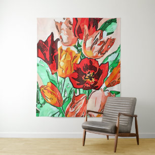 Tapiz Hermoso Bouquet Floral Tulipanes Arte Contorno Neg